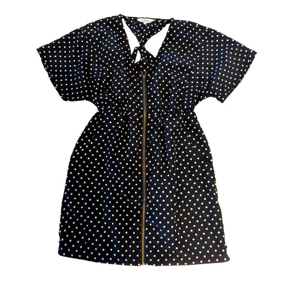 🛍️ BLACK AND WHITE POLKA DOT OPEN BACK FRONT ZIP UP DRESS Vintage Vibes! - Picture 1 of 4